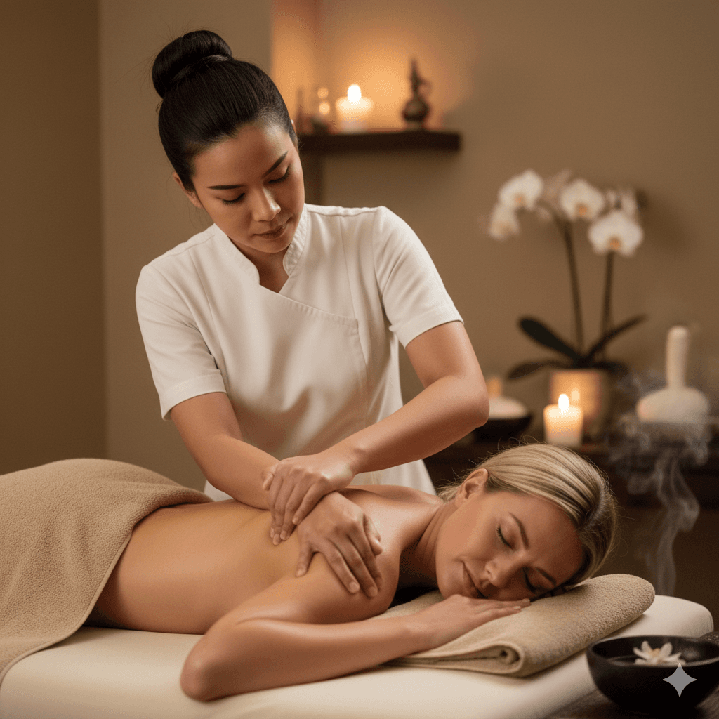 Therapist applying deep pressure during a traditional Thai floor massage session at Bloom Thai Therapy in Arlington VA