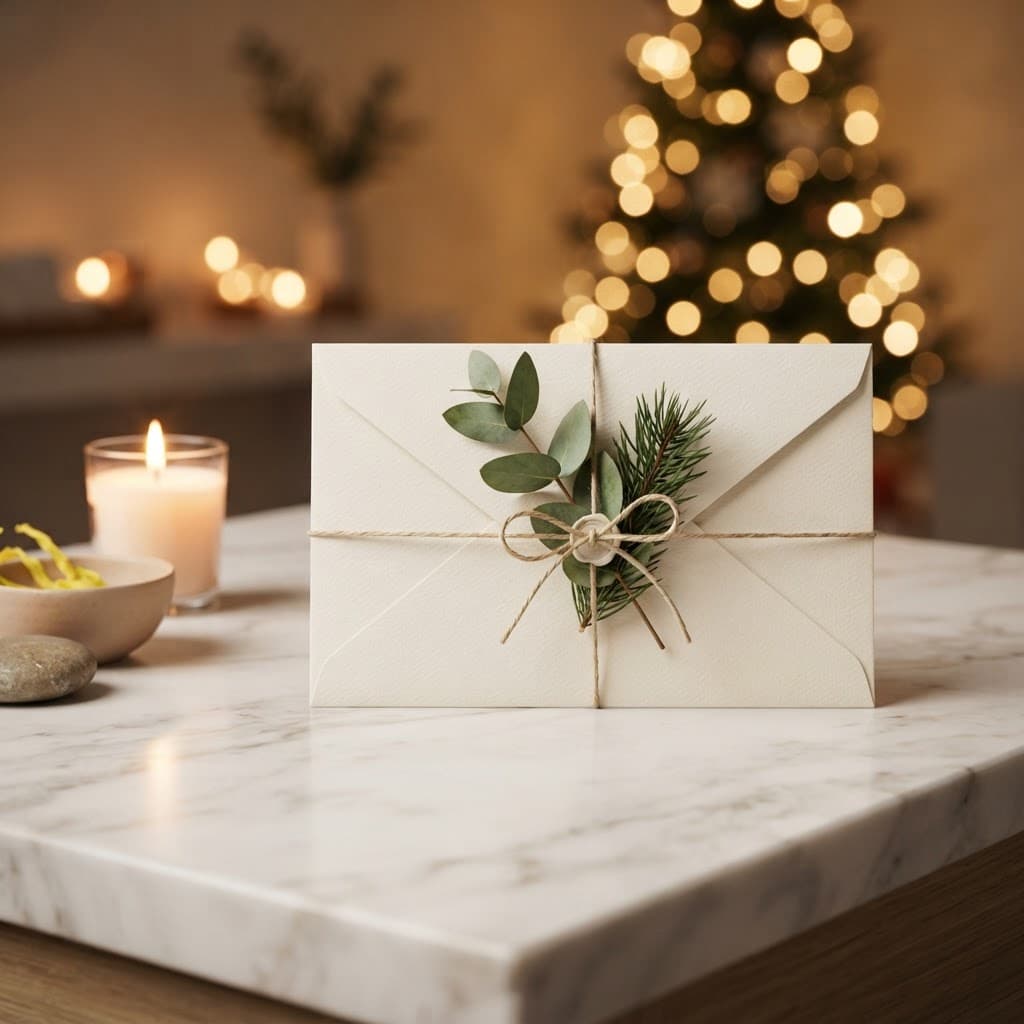 Elegant spa gift card presentation with warm lighting and subtle Christmas greenery at Bloom Thai Therapy in Arlington VA