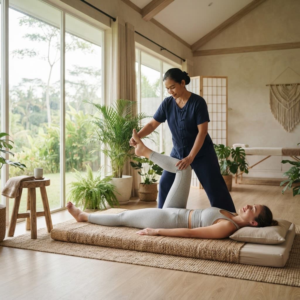 Professional Thai massage therapist performing assisted stretching on a client in a bright premium wellness studio with soft natural morning light at Bloom Thai Therapy in Arlington VA