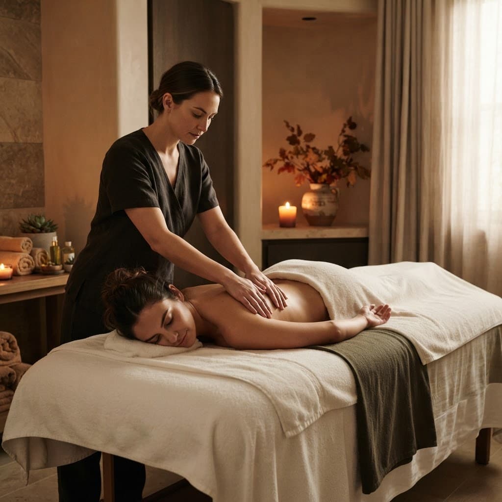 Professional massage therapist performing a relaxing massage on a client in a warm premium spa room with subtle autumn details at Bloom Thai Therapy in Arlington VA